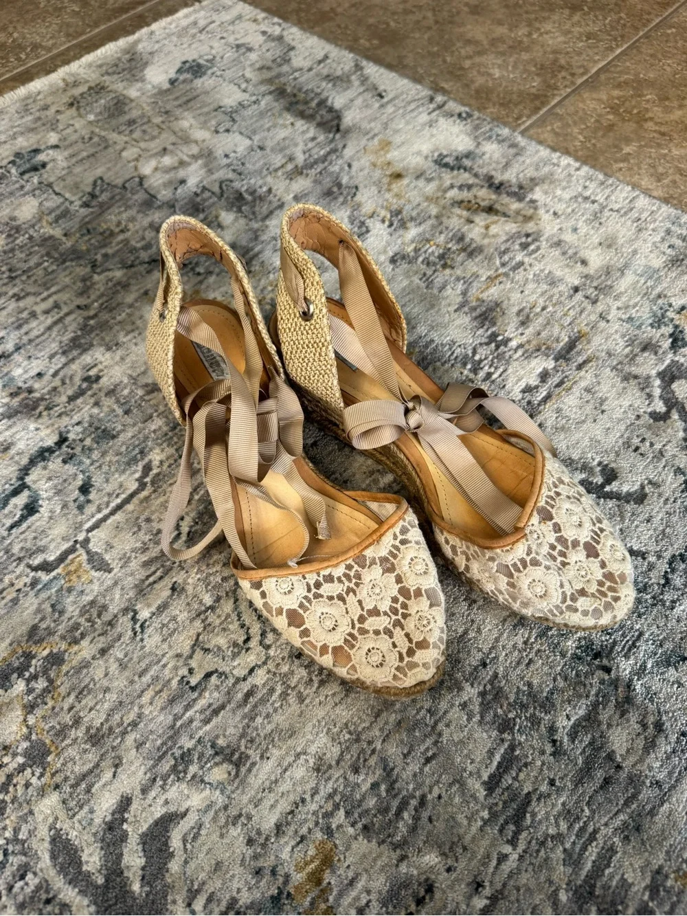 SCHUTZ Beige Lace Espadrille Wedges with Taupe Ankle Tie